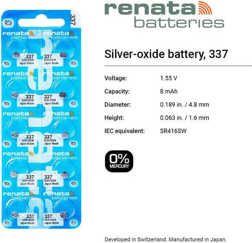 Renata 337 SR416SW Batteries - 1.55V Silver Oxide 337 Watch Battery (10 Count)