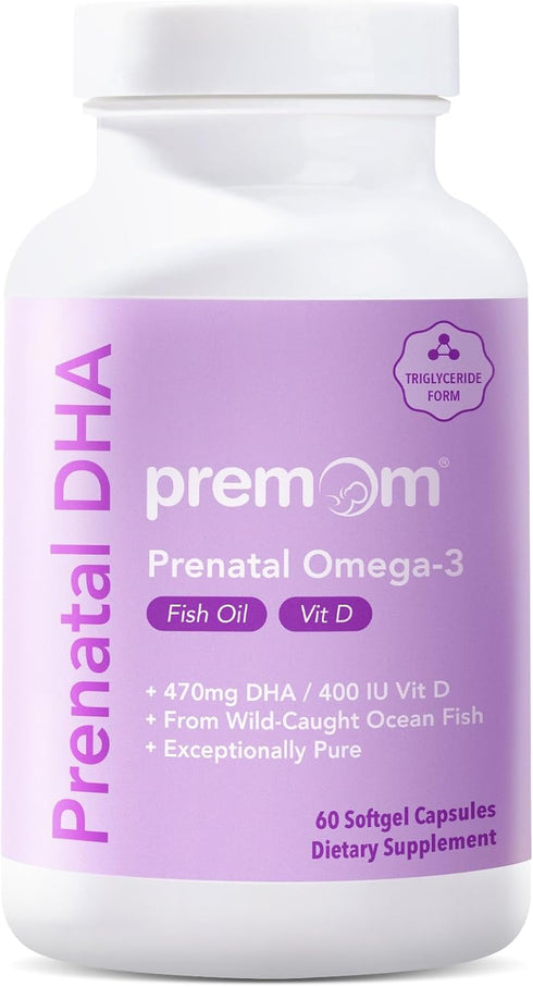 Premom Prenatal DHA Fish Oil: Omega 3 with 470mg DHA, 200mg EPA + 400 IU Vit D3 - Fertility Support for Women