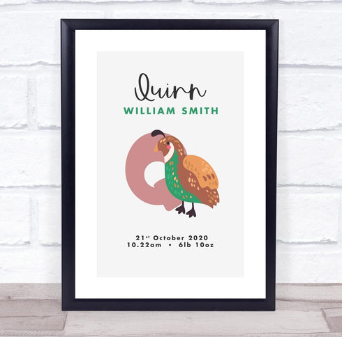The Card Zoo New Baby Birth Details Christening Nursery Initial Q Quail Keepsake Gift Print