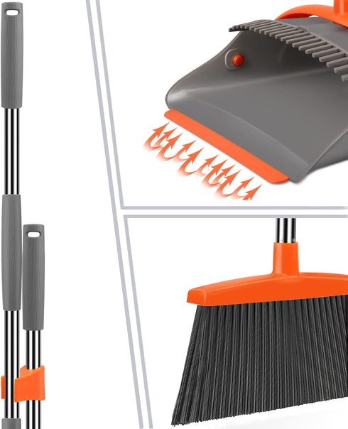 Broom and Dustpan Set for Home, Combo for Office with Long Handle Broom & Upright Standing Dustpan (Gray & Orange)