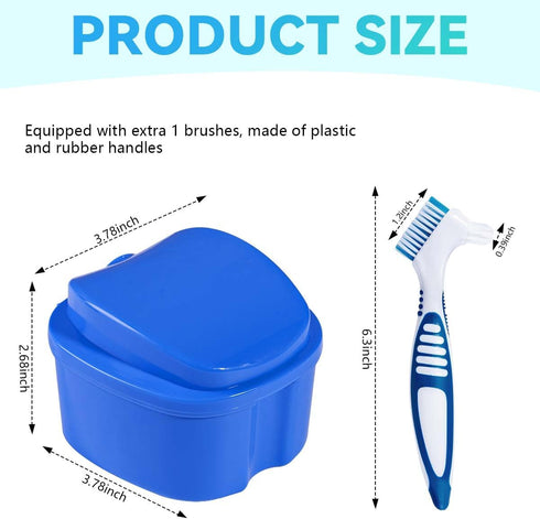Blue Denture Bath Case Cup Holder, Storage Container with Cleaner Brush and Strainer Basket for Travel Cleaning