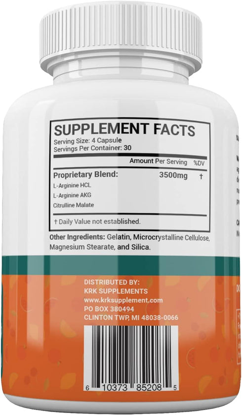 2 Bottles Nitric Oxide Complex - 3500mg L-Arginine HCL, AAKG, AKG, Citrulline Malate, 240 Total Capsules