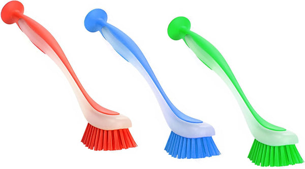Plastic Long Handled Scrubbing Brush with Suction Cup, Durable Bristles, Assorted Colour, Pack of 3