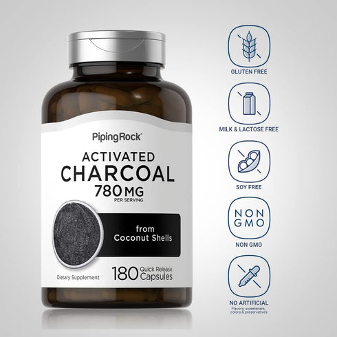 Piping Rock Activated Charcoal Pills 780mg | 180 Capsules | Non-GMO, Gluten Free, from Coconut Shells