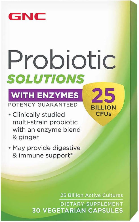 GNC Probiotic Solutions with Enzymes - 25 Billion CFUs, 30 Capsules, Daily Probiotic Support