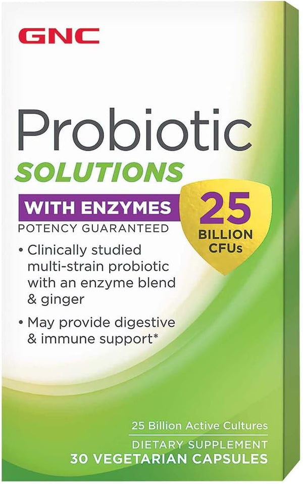 GNC Probiotic Solutions with Enzymes - 25 Billion CFUs, 30 Capsules, Daily Probiotic Support