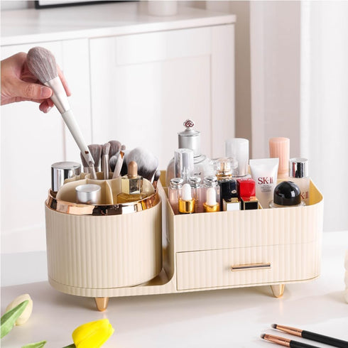 Makeup Organizer Countertop with Drawers, 360 Rotating Brush Holder, Large Capacity Skincare Organizer