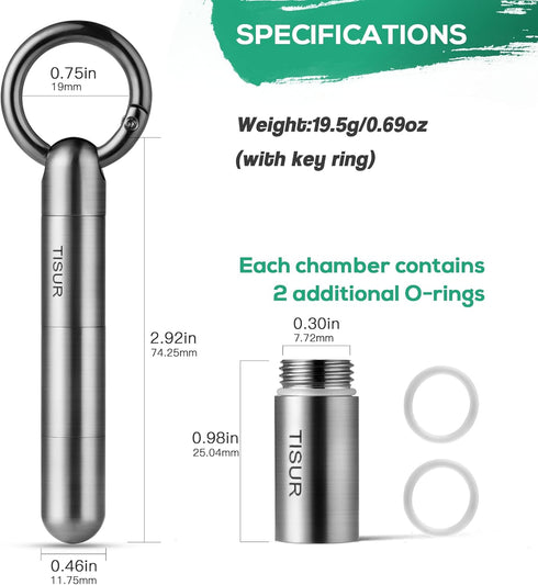 TISUR Micro Keychain Pill Holder, Waterproof Titanium Pill Case for Travel, Purse, Pocket, Extended Upgrade