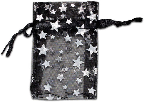 100-Pack 2x2.5 Sheer Organza Drawstring Gift Bags (X-Small) - Metallic Stars (Black/Silver) for Wedding Party Favors,