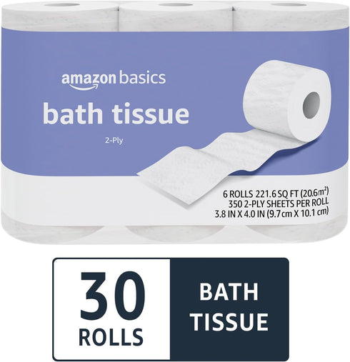 Amazon Basics 2-Ply Toilet Paper, 30 Rolls = 120 Regular Rolls, Unscented, 350 Sheets (Pack of 30)