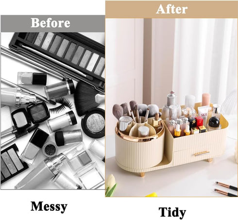 Makeup Organizer Countertop with Drawers, 360 Rotating Brush Holder, Large Capacity Skincare Organizer