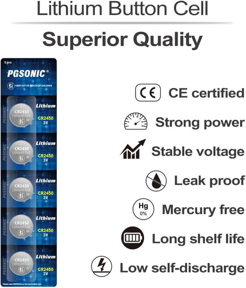 PGSONIC CR2450 3V Lithium Battery, 5pcs for Electronics