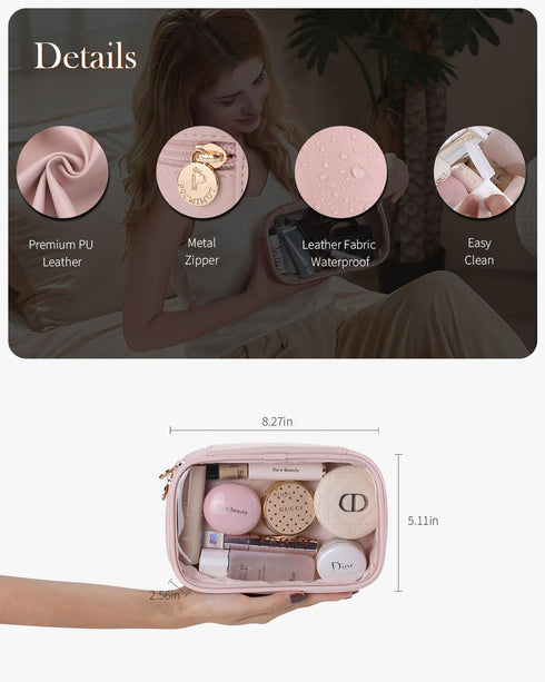 Pocmimut Makeup Bag, PU Leather Clear Travel Makeup Bag, Car Essentials for Women, Cosmetic Bag Organizers (Pink)
