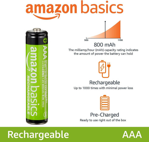 Amazon Basics 16-Pack Rechargeable AAA NiMH Performance Batteries, 800 mAh, Recharge up to 1000x Times, Pre-Charged