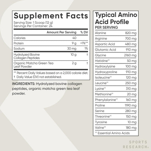 Sports Research Premium Collagen Peptides Powder with Organic Matcha Green Tea - Gluten Free Protein Supplement