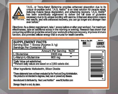 TAG Matrix Unflavored Glutamine Intra Workout Amino Recovery Powder - 30 Servings