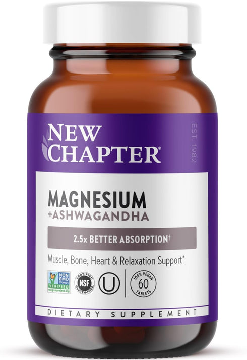 New Chapter Magnesium + Ashwagandha Supplement, 325 mg for Muscle Recovery & Heart Health, 60 ct