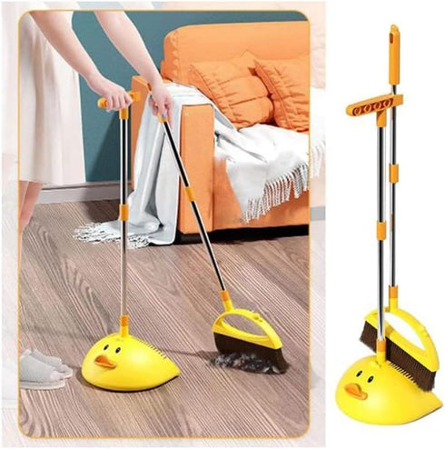 Cute Duck Cleaning Broom and Dustpan Set with Long Handle for Home Kitchen Room Office, Indoor Outdoor (Yellow)