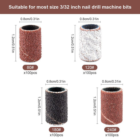 Rolybag Sanding Bands for Nail Drill, 240 Pieces Coarse Fine Grit Efile Sand Set, 2 Pieces 3/32 Inch Nail Drill Bits