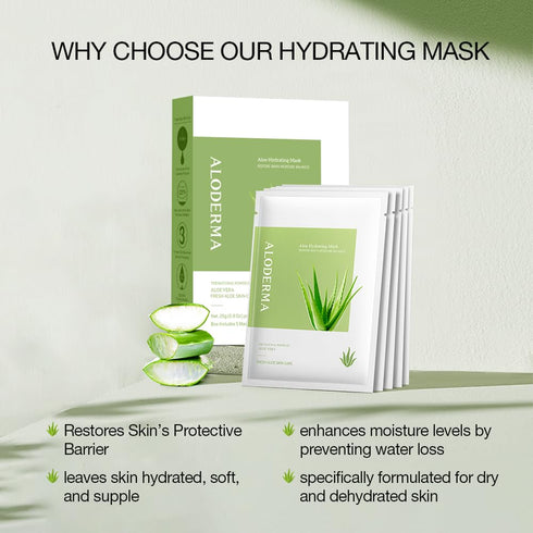 Aloderma Hydrating Sheet Face Masks with 87% Organic Aloe Vera - 5 Pack Moisturizing Masks with Hyaluronic Acid