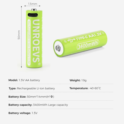 UNROEVS 4 Packs, 3400mWh 1.5V 2-in-1 Cable,2H Rechargeable Lithium AA Batteries Rechargeable Double A Battery
