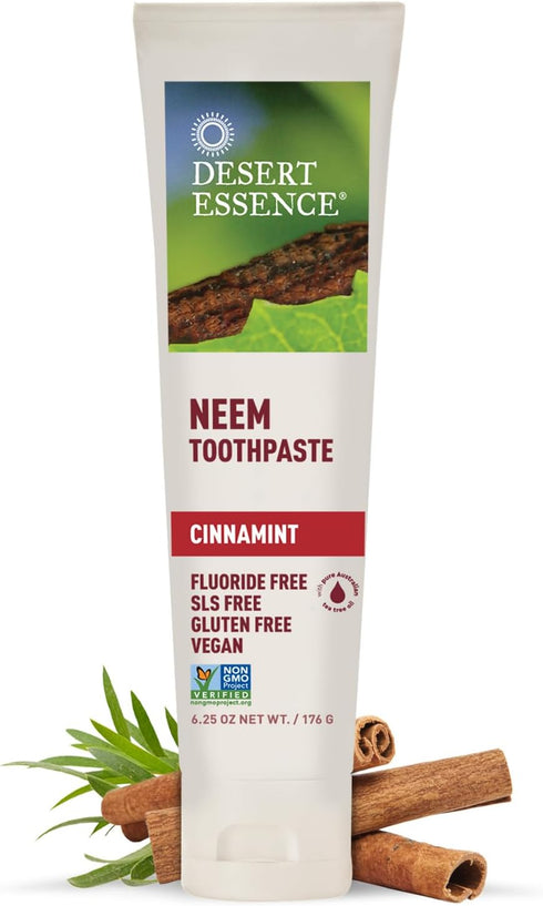 Desert Essence Natural Neem Toothpaste - Cinnamint - 6.25 Oz - Pure Essential Oil, Baking Soda, Sea Salt