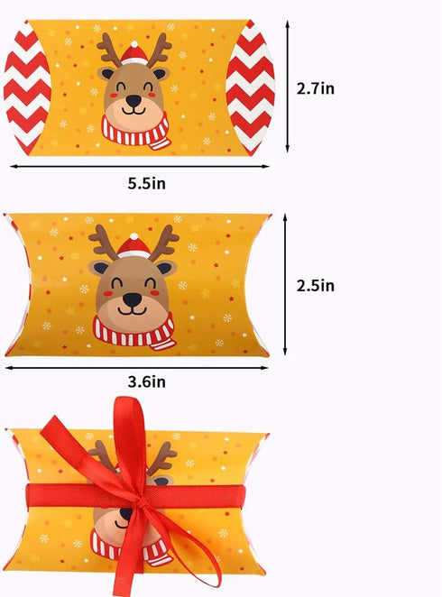 CCINEE Christmas Pillow Boxes - Xmas Candy Boxes with Red Ribbons, Santa Elk Gift Card Holder, 50PCS