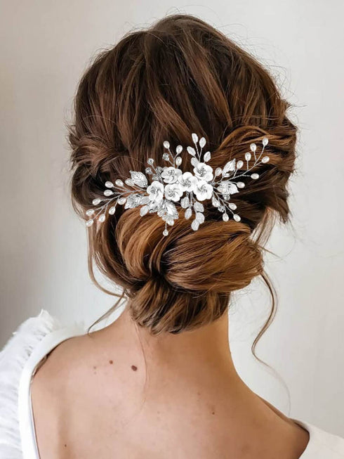 Unicra Silver Flower Bride Wedding Hair Comb - Pearl & Crystal Bridal Headpiece Jewelry for Women and Girls