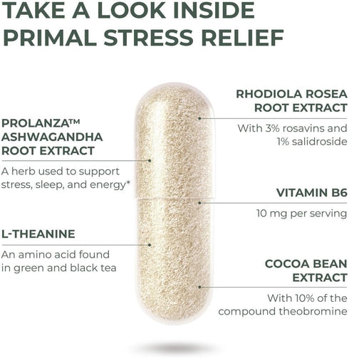 Primal Harvest Stress Relief Supplement, Pure Ashwagandha Root Extract & L-Theanine - 30 Capsules