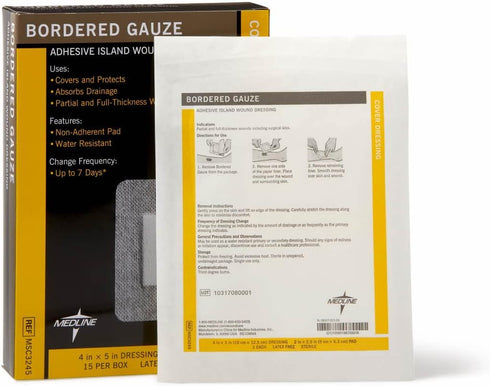 Medline Sterile Bordered Gauze Adhesive Island Wound Dressing, 4" x 5", Count of 15