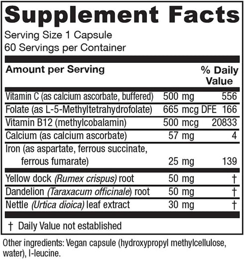 Vitanica Iron Extra, Vegan Iron Supplement with Vitamin C, Methylfolate, B12, Calcium, 60 Capsules