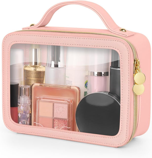 Portable Clear Makeup Bag, Medium Pink Leather Toiletry Bag with Zipper, Waterproof Transparent Cosmetic Organizer for