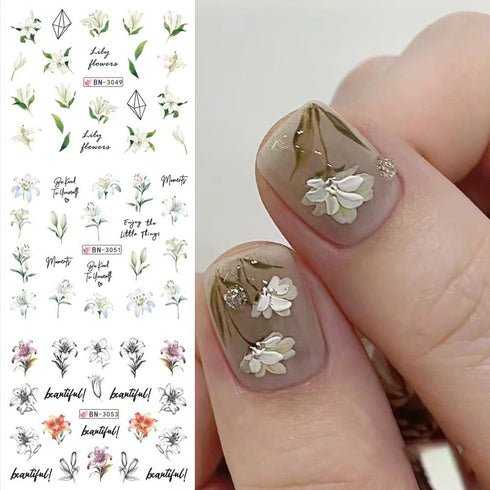 12 Sheets Lily Flowers Nail Stickers, Water Transfer Decals for Spring Floral Nail Art Design