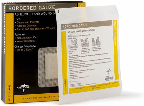 Medline Adhesive Island Wound Dressing, Bordered Gauze, 6" x 6", Sterile, 15 Count