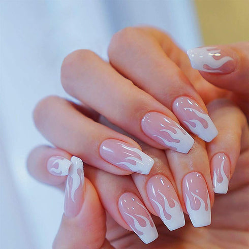 MISUD Medium Length Fake Nails - Pink Glossy Glue on Full Cover Ballerina Artificial Nails, 24pcs
