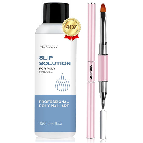 Morovan Poly Gel Slip Solution Kit, 4oz Liquid for Poly Gel Nails with Dual-Ended Brush Pusher for Beginners