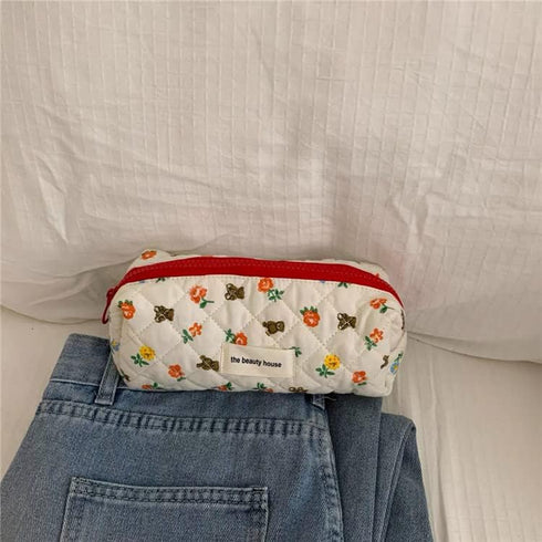 Kawaii Makeup Bag, Cute Floral Storage Organizer with Handle, Aesthetic Cartoon Zipper Toiletry Bag
