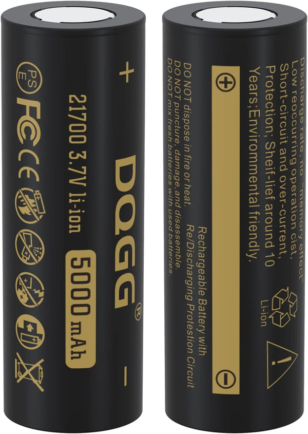 3.7 Volt 21700 Rechargeable Battery 5000mAh 2 Pack Large Capacity for LED Flashlight, Headlamps