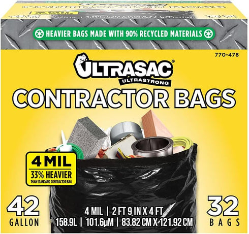 Ultrasac Extra Heavy Duty Contractor Bags - 42 Gallons, 4 Mil (32 Pack w/Ties) - 33" x 48" Thick Professional Trash Bags