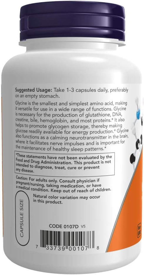 Now Foods Glycine 1000 mg, 2 Pack of 100 VegiCapsules