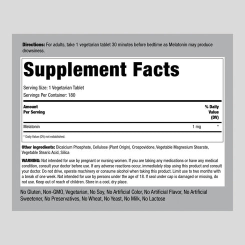Piping Rock Melatonin 1 mg | 180 Vegetarian Tablets | Gluten Free, Non-GMO Supplement
