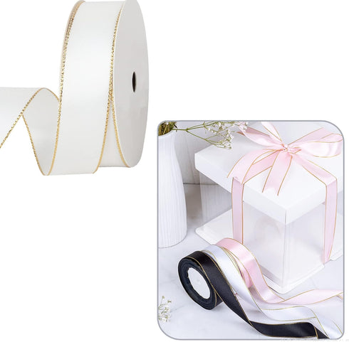 VIVIQUEN White Double Faced Satin Ribbon with Gold Edge, 1” x 25 Yards for Gift Wrapping & Floral Arrangement