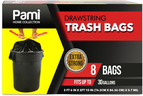 PAMI Large 30-Gallon Drawstring Trash Bags - 8-Pack Black Extra-Strong Plastic Garbage Bags for Kitchen