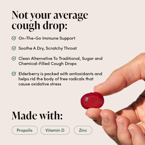 Immune Lozenges, 14 Beekeeper's Naturals Soothing Honey Elderberry Cough Drops Support with Vitamin D, Zinc