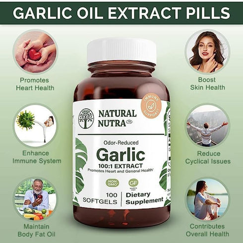 Natural Nutra Odorless Garlic Oil Supplement - Organic Pills for Heart Health, Skin Health - 500mg, 100 Softgels