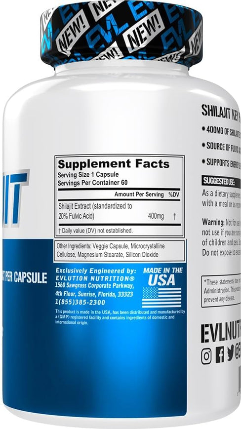 Evlution Nutrition Shilajit - Energy Support - 400mg Shilajit Extract - Fulvic Acid Supplement - Vegetarian Capsules - for Workout Performance - 60 Servings