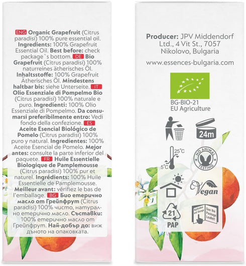 Essences Bulgaria Organic Grapefruit Essential Oil 0.51 Fl Oz, 100% Pure Natural for Home Aromatherapy and Massage
