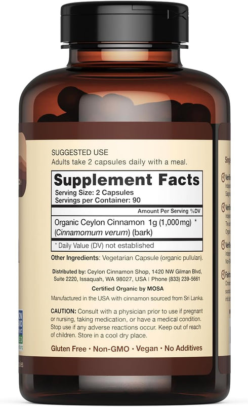 Organic Ceylon Cinnamon (100% Certified) Supplement - 180 Capsules, 3 Month Supply