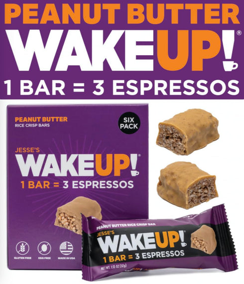 WAKE UP! Caffeinated Peanut Butter Protein Bars, Gluten Free, 350mg Caffeine, 6 Pack, Boosts Focus and Clarity