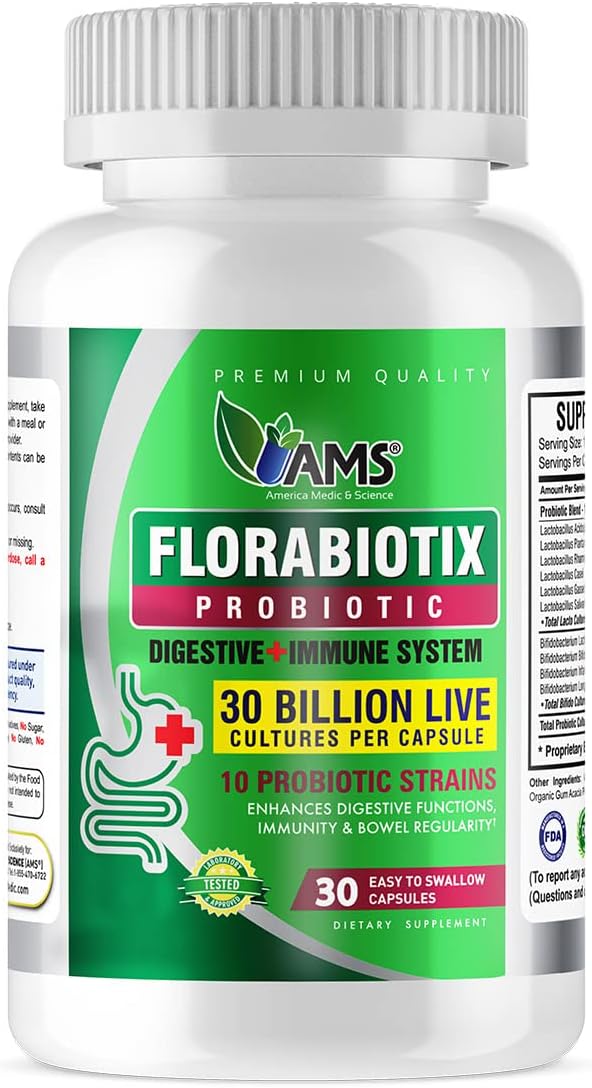 America Medic & Science Florabiotix Probiotic - 30 Capsules - 30 Billion Live Cultures for Digestive Health